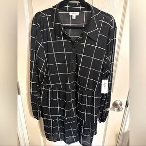 Style & Co. Windowpane Tiered & Collared Tunic Shirt Dress, Black & White, Sz XL